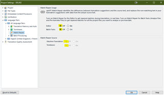 Trados Studio Project Settings window showing Match Repair option under Language Pairs with Match Repair Usage turned off.