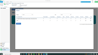 Trados Studio 2021 interface showing an analysis report with columns for Segments, Words, Characters, Placeables, Tags, Min. Match, Repetitions, 100%, 95%-99%, 85%-94%, 75%-84%, 50%-74%, No Match, and Total. An 'Export' button is visible at the bottom.