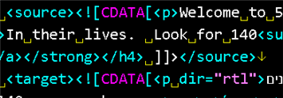 Screenshot of XLIFF code showing 'source' element with CDATA and text content, and 'target' element with 'dir="rtl"' added.