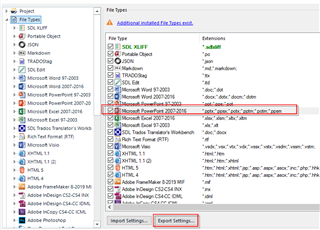 Trados Studio project settings window showing file types list with Microsoft PowerPoint 97-2003 selected and an error message indicating additional file type exists.