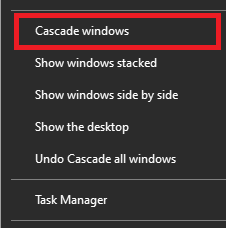 Right-click context menu on task bar with 'Cascade windows' option highlighted in red.