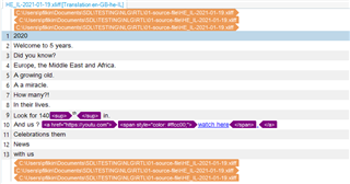 Trados Studio screenshot highlighting XML tags in purple within the target text, indicating embedded content processing.