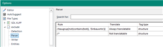 Trados Studio rule configuration window showing a search rule to exclude text containing 'Einbauorte' from translation.