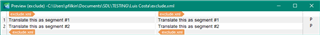Trados Studio preview window displaying two segments marked 'Translate this as segment #1' and 'Translate this as segment #2' for translation.