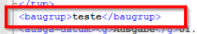 Screenshot of Trados Studio showing an error with the XML tag 'baugrup' containing the text 'teste' highlighted in red.