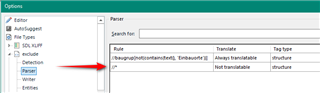 Trados Studio screenshot showing the Options menu with an arrow pointing to the 'Parser' section, which has an error message 'Not translatable' next to a rule.