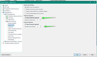 Trados Studio project settings dialog showing options for Merge Check with two green arrows pointing to 'Export frequent segments' and 'Number of occurrences'.