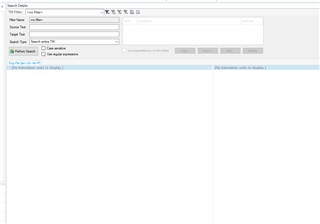 Trados Studio screenshot showing the Search Details pane with options for 'Search for', 'Search in', 'Search type', and 'Results'. No errors or warnings visible.