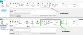 Comparison of Trados Studio 2017 and 2021 interface showing the pagination feature. Top image highlights the lack of 'Items per Page' option in 2017, bottom image shows the new option in 2021.