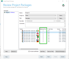 Trados Studio Review Project Packages window showing a list of files with one file marked as 'Reference File' in green.