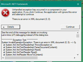 Error message in Trados Studio showing a Microsoft .NET Framework unhandled exception with details about an error in XML document (0, 0).
