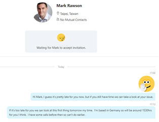 Screenshot of a Skype conversation with Mark Rawson from Taipei, Taiwan, showing a pending contact request and a message exchange about scheduling a time to look at a Trados Studio issue.
