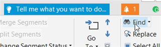 Trados Studio toolbar showing the 'Find' and 'Replace' icons with a notification badge displaying the number 1.