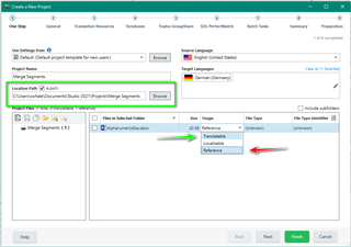 Trados Studio Create a New Project window showing the file set as Reference with an incorrect Location path highlighted by a red arrow.
