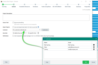 Trados Studio 'Create a New Project' window with an error message 'No customers selected yet' and a green arrow pointing to the 'Customers' field where 'Johnny' is being typed.