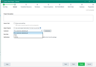 Trados Studio 'Create a New Project' window showing 'Johnny' entered in the 'Customers' field with no visible errors or warnings.