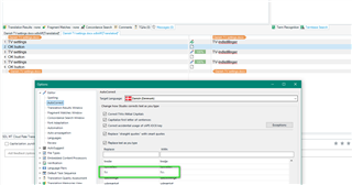 Trados Studio screenshot showing the 'Exceptions' dialog box with 'TV-' and 'OK-' added to the list, and the 'AutoSuggest' dictionary with 'TV' and 'OK' not triggering any issues.