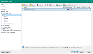 Trados Studio Project Settings window with 'Language Pairs' selected and no visible errors or warnings.