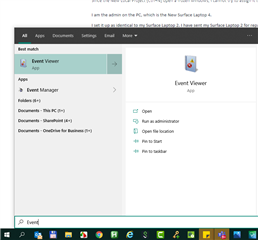Windows Start menu open with 'Event Viewer' typed into the search bar and the Event Viewer app highlighted ready to be clicked.