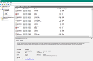 Event Viewer window open showing a list of events with several 'Error' and 'Warning' entries in the Application and System logs.