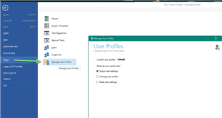 Trados Studio screenshot showing the File menu expanded with Setup option highlighted and User Profiles window open with options to export or reset settings.