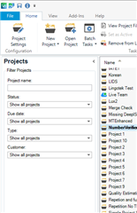 Trados Studio screenshot showing the Projects view with 'Show all projects' selected and a list of projects displayed on the right.