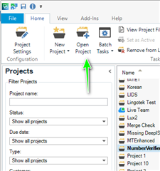 Trados Studio screenshot with an arrow pointing to the 'Open Project' button, indicating the action to navigate and open a project.