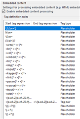 Screenshot of Trados Studio showing the embedded content settings for JSON file type with various start and end tag expressions listed.