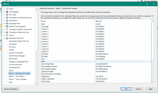 Trados Studio Options dialog showing Keyboard Shortcuts tab with a list of commands and their associated shortcuts, such as 'Apply bold' with Ctrl+B.
