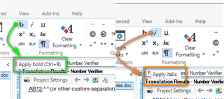 Trados Studio editor toolbar highlighting the 'Apply bold' and 'Apply italic' buttons with corresponding shortcuts Ctrl+B and Ctrl+I.