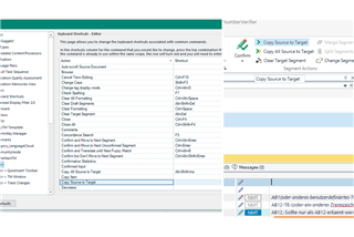 Trados Studio screenshot showing the Options menu with Keyboard Shortcuts highlighted and a list of commands with assigned shortcuts. A message box with an error about an add-in is visible at the bottom.