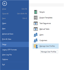 Trados Studio screenshot showing the File menu expanded with options like Close, Save All, Open, and Exit. 'Manage User Profiles' is highlighted.