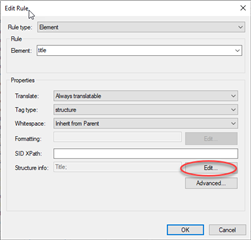 Trados Studio Edit Rule dialog box with Rule type set to Element and Element set to title. The Edit button is circled in red.