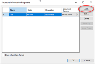 Structure Information Properties dialog box with a list of names including Title, and an Add button circled in red.