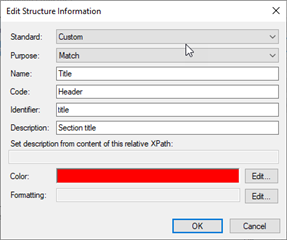 Edit Structure Information dialog box with Standard set to Custom, Purpose set to Match, and a red error message under the Color field.