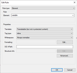 Trados Studio Edit Rule dialog box showing settings for 'variable' element with 'Translate' set to 'Translatable but not in protected content', 'Tag type' set to 'inline', and 'Whitespace' set to 'Always normalize'.
