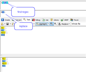 Trados Studio display filter with regex 'Ad+:' entered in the search field, and 'find regex' and 'replace' annotations indicating the function of the buttons.