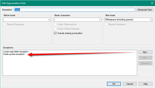 Trados Studio Edit Segmentation Rule dialog with an exception rule highlighted for colons inside quotes.
