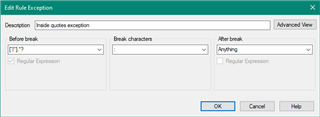 Trados Studio Edit Rule Exception dialog showing the setup for the exception rule with regular expressions.