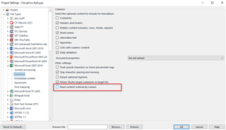 Trados Studio Project Settings window showing File Types tab with Excel file type selected. A checkbox labeled 'Read content embedded in shapes' is highlighted.