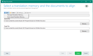 Trados Studio alignment window showing options to add or create a TM and browse buttons for source and target files.