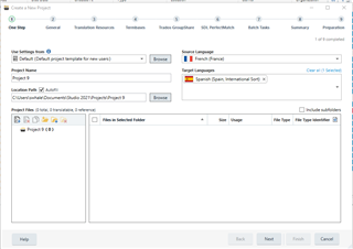 Trados Studio screenshot showing the 'Create a New Project' window with 'Project Name' field, 'Source Language' dropdown with flags for French and Spanish, and an empty 'Project Files' list.