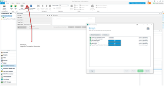 Trados Studio screenshot showing an error message in the 'Finish' dialog box indicating 'Not all files were successfully exported'.