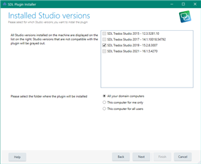 Screenshot of SDL Plugin Installer showing installed Trados Studio versions with a warning message stating 'All Studio versions installed on the machine are displayed on the list on the right. Studio versions that are not compatible with the plugin will be grayed out.' Options to select for plugin installation are 'All your future domains,' 'This domain for me only,' and 'This computer for all users.' Versions 2015, 2017, and 2021 are listed.