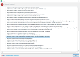 Final part of the error stack trace in Trados Studio, ending with system calls and a 'Details' button at the bottom.