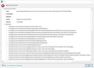 Error dialog in Trados Studio 2021 with message 'Value must be at least 0' and a stack trace of system errors in the background.