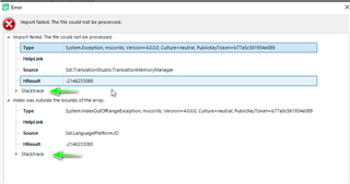 Error dialog in Trados Studio showing 'Import failed. The file could not be processed.' with details of the error including 'Index was outside the bounds of the array.'