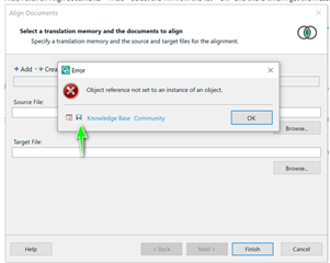 Trados Studio error message popup saying 'Object reference not set to an instance of an object' with an OK button, and a green arrow pointing to the 'blue floppy disk icon' to save the error.
