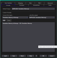 Trados Studio Glossary Converter window with options for User Interface, Merging, Filter, TMX, and Advanced. Default Output set to SDLTM (SDL Translation Memory). No visible errors or warnings.