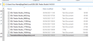 File Explorer window showing SDL Trados Studio folder with various log files and TranslationMemoryRepository.xml selected.